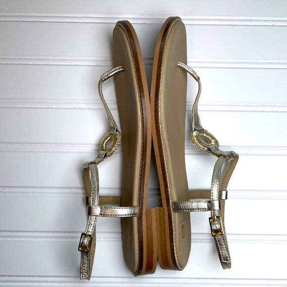 Bruno Magli Jenna Women 9.5 Gold Leather T-Strap Sandals Made in Portugal Raffia - Picture 6 of 11